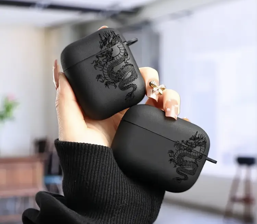 Black Matte Dragon Pattern Airpods Case