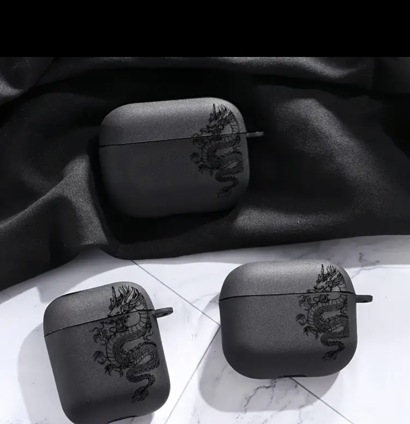 Black Matte Dragon Pattern Airpods Case